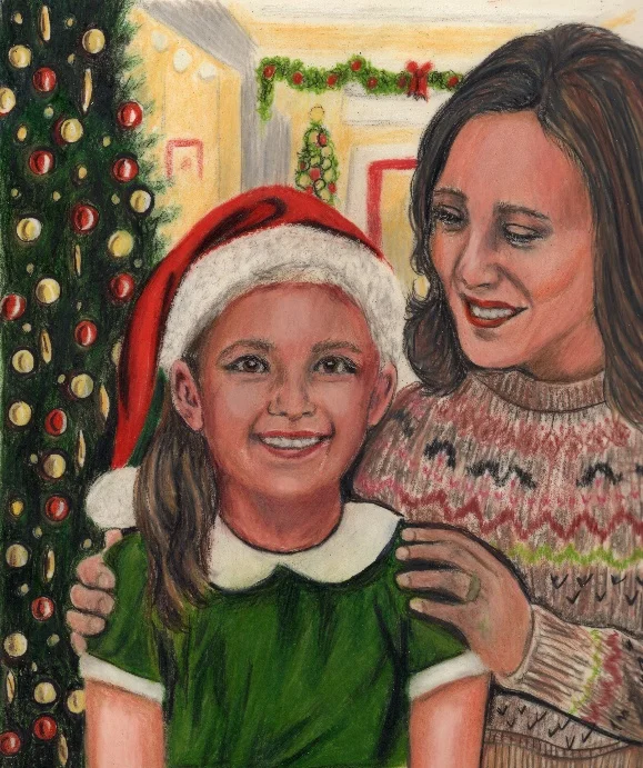 Interior illustration from The Wish List: Katie with her mother by the Christmas tree