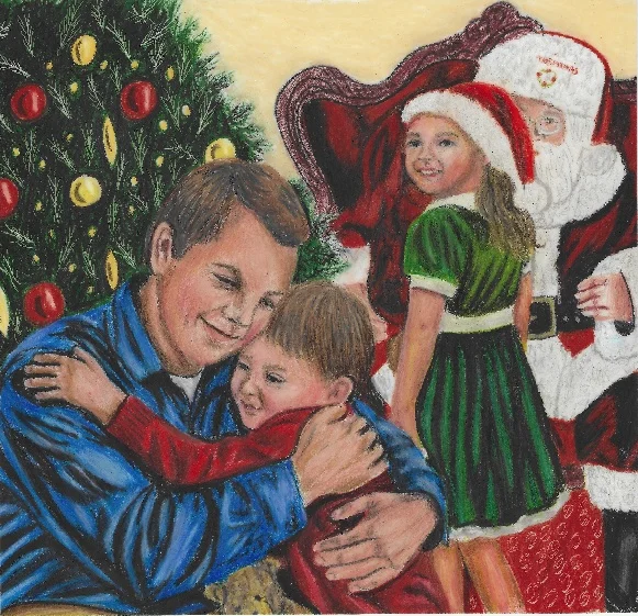 Interior illustration from The Wish List: a father and son with Santa