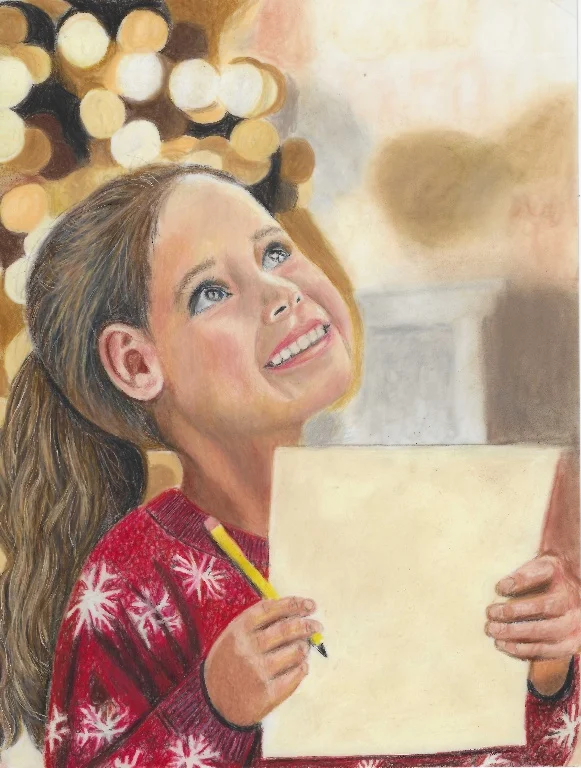 Interior illustration from The Wish List: Katie writing her list by the tree