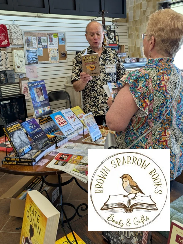 Tom Catalano reading at Brown Sparrow Books, with the shop's logo